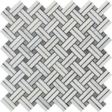 Oriental White / Asian Statuary Marble Honed Stanza Basketweave Mosaic Tile w / Blue-Gray Dots