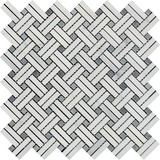 Oriental White / Asian Statuary Marble Polished Stanza Basketweave Mosaic Tile w / Blue-Gray Dots