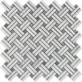 Oriental White / Asian Statuary Marble Honed Stanza Basketweave Mosaic Tile w / Blue-Gray Dots