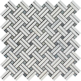 Oriental White / Asian Statuary Marble Polished Stanza Basketweave Mosaic Tile w / Blue-Gray Dots