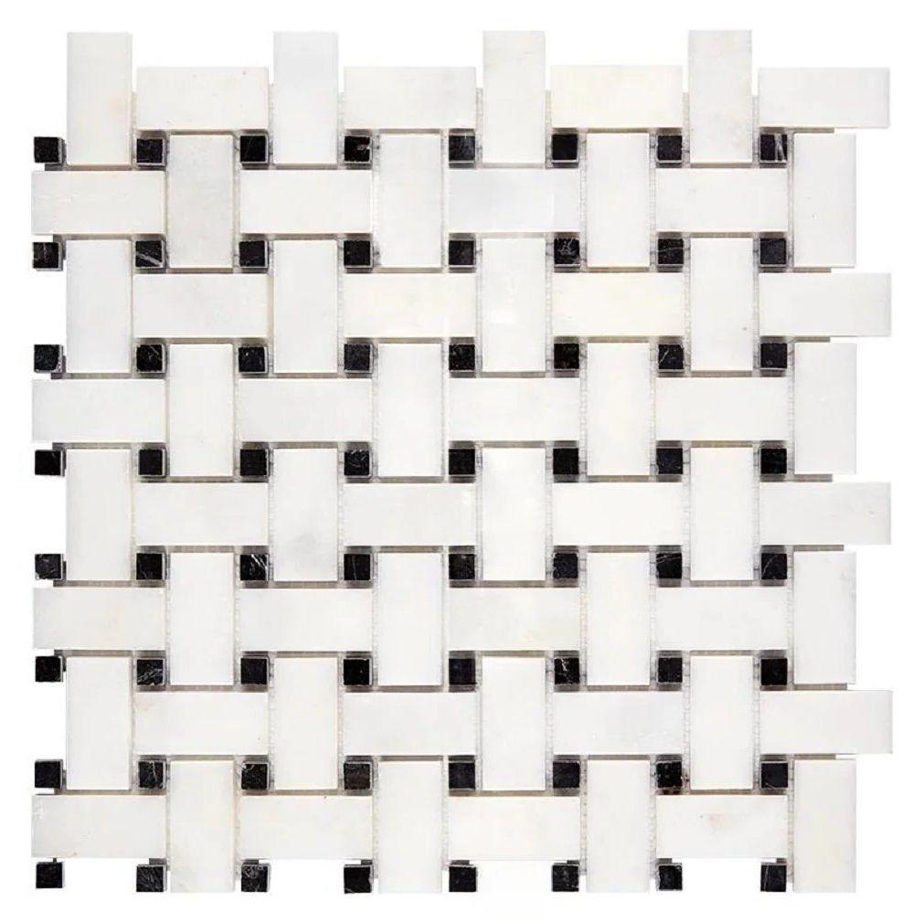 Afyon White Marble Polished Basketweave Mosaic Tile w/ Black Dots-Marble Mosaic-American Tile Depot