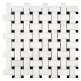 Sample of Afyon White Marble Polished Basketweave Mosaic Tile w/ Black Dots-Sample-American Tile Depot