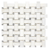 Afyon White Marble Polished Basketweave Mosaic Tile w/ Blue-Gray Dots-Marble Mosaic-American Tile Depot