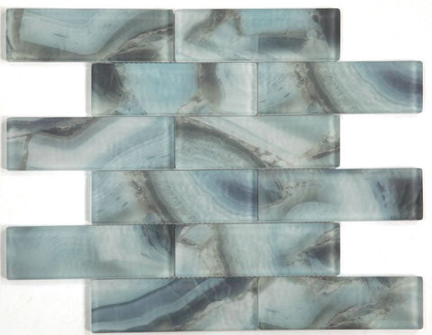 2 x 6 Aesthetic Onyx Ocean Subway Brick Glass Mosaic Wall Tile