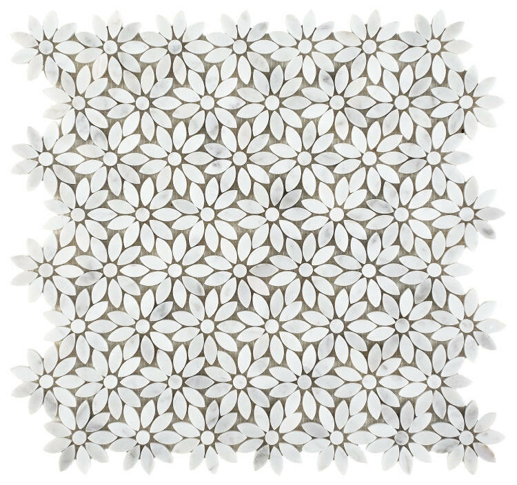 Aster Wild Carrara Polished Flower Marble Mosaic Tile-Marble Mosaic-American Tile Depot