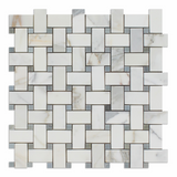 Calacatta Gold Marble Honed Basketweave Mosaic Tile w/ Blue-Gray Dots