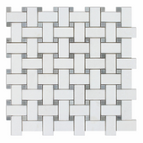 Thassos White Marble Honed Basketweave Mosaic Tile w/ Blue-Gray Dots