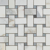 Calacatta Gold Marble Honed Basketweave Mosaic Tile w/ Blue-Gray Dots