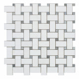 Thassos White Marble Polished Basketweave Mosaic Tile w/ Blue-Gray Dots-Marble Mosaic-American Tile Depot