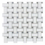 Thassos White Marble Polished Basketweave Mosaic Tile w/ Blue-Gray Dots