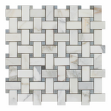 Calacatta Gold Marble Honed Basketweave Mosaic Tile w/ Blue-Gray Dots