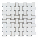 Thassos White Marble Honed Basketweave Mosaic Tile w/ Blue-Gray Dots