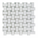 Thassos White Marble Honed Basketweave Mosaic Tile w/ Ming-Green Dots