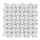 Thassos White Marble Polished Basketweave Mosaic Tile w/ Ming-Green Dots-Marble Mosaic-American Tile Depot