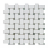 Thassos White Marble Polished Basketweave Mosaic Tile w/ Ming-Green Dots