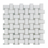 Thassos White Marble Polished Basketweave Mosaic Tile w/ Ming-Green Dots