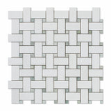 Thassos White Marble Honed Basketweave Mosaic Tile w/ Ming-Green Dots-Marble Mosaic-American Tile Depot