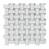 Thassos White Marble Honed Basketweave Mosaic Tile w/ Ming-Green Dots