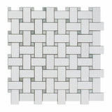 Thassos White Marble Polished Basketweave Mosaic Tile w/ Ming-Green Dots-Marble Mosaic-American Tile Depot