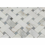 Calacatta Gold Marble Honed Basketweave Mosaic Tile w/ Blue-Gray Dots