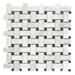 Bianco Congelato Dolomite Polished Basketweave Mosaic Tile w/ Black Dots-Marble Mosaic-American Tile Depot