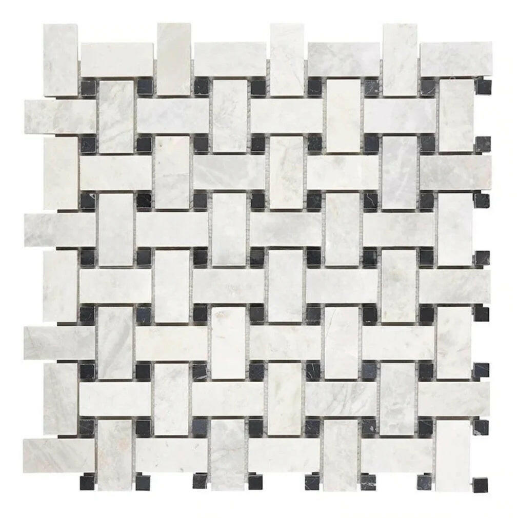 Bianco Congelato Dolomite Polished Basketweave Mosaic Tile w/ Black Dots-Marble Mosaic-American Tile Depot