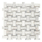 Bianco Congelato Dolomite Polished Basketweave Mosaic Tile w/ Blue-Gray Dots-Marble Mosaic-American Tile Depot