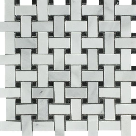 Bianco Venatino (Bianco Mare) Marble Polished Basketweave Mosaic Tile w/ Black Dots-Marble Mosaic-American Tile Depot