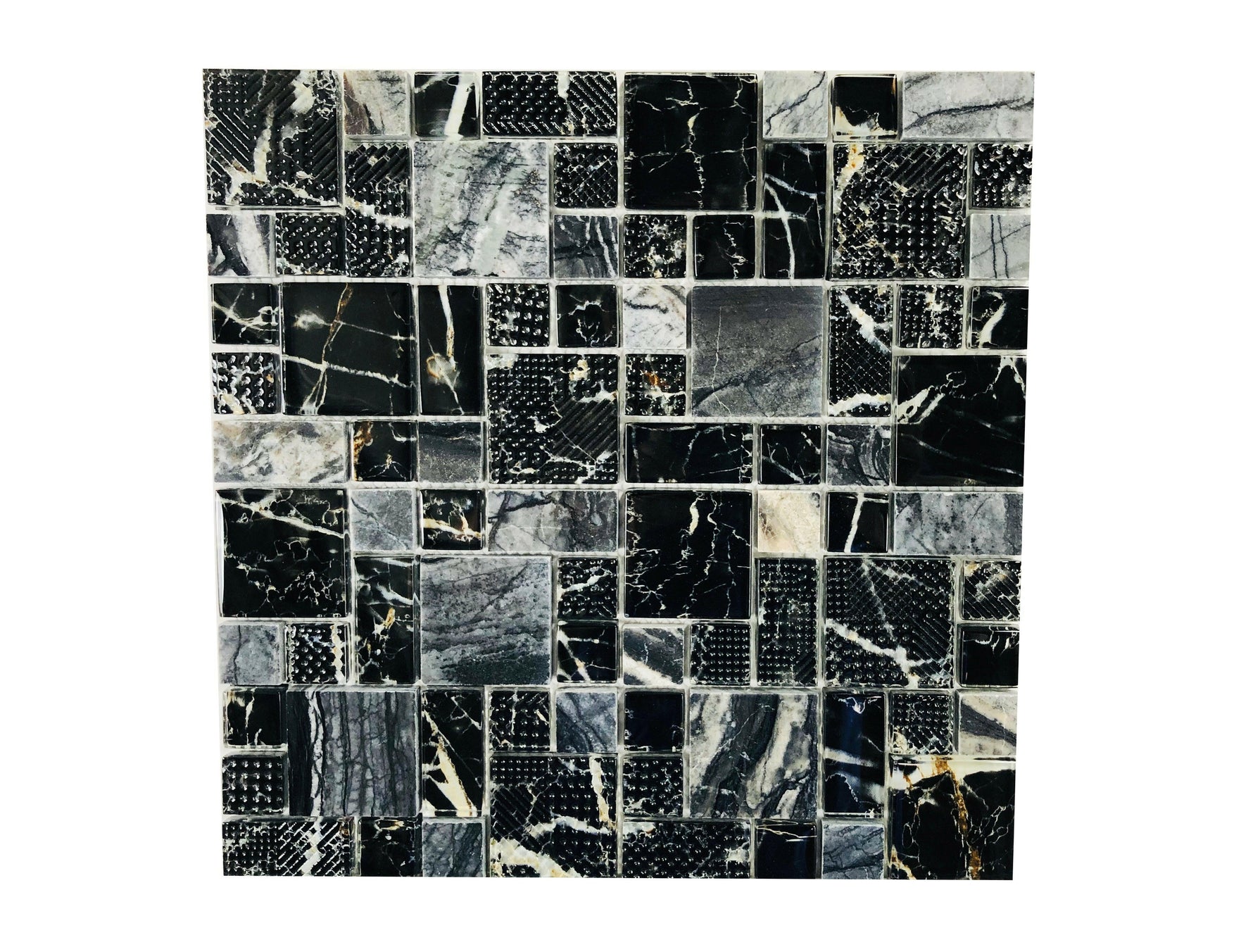 Black & Cream Marble Look Glass & Stone Mosaic Tile-Glass Mosaic-American Tile Depot