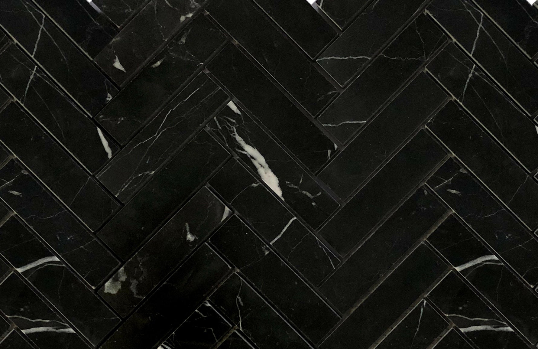 Black Marquina Marble Polished 1 x 4 Herringbone Mosaic Tile-Marble Mosaic-American Tile Depot