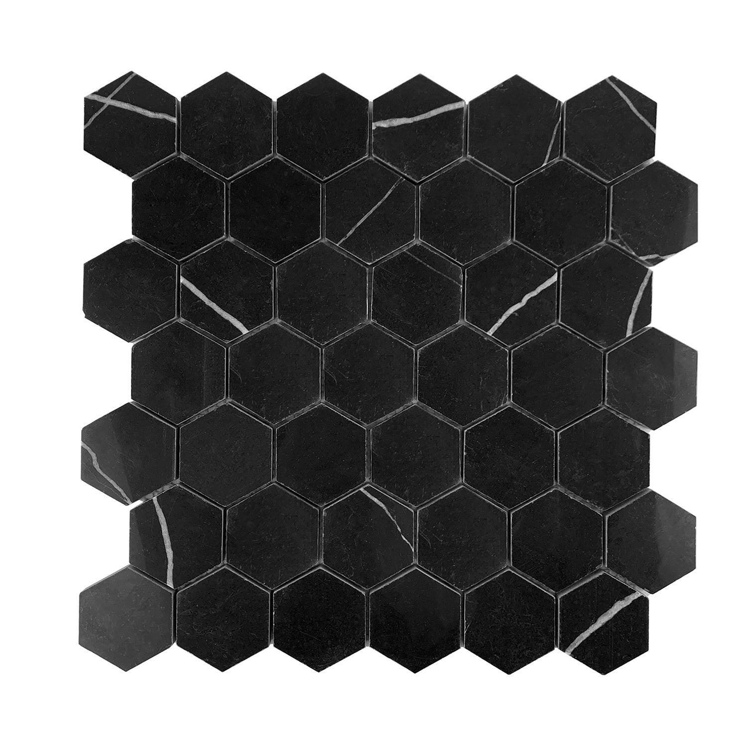 Black Marquina Marble Polished 2" Hexagon Mosaic Tile-Marble Mosaic-American Tile Depot