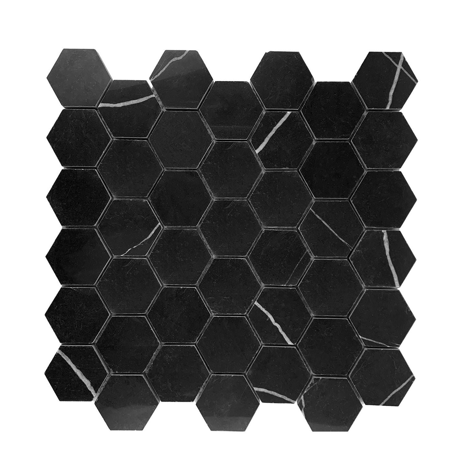 Black Marquina Marble Polished 2" Hexagon Mosaic Tile-Marble Mosaic-American Tile Depot