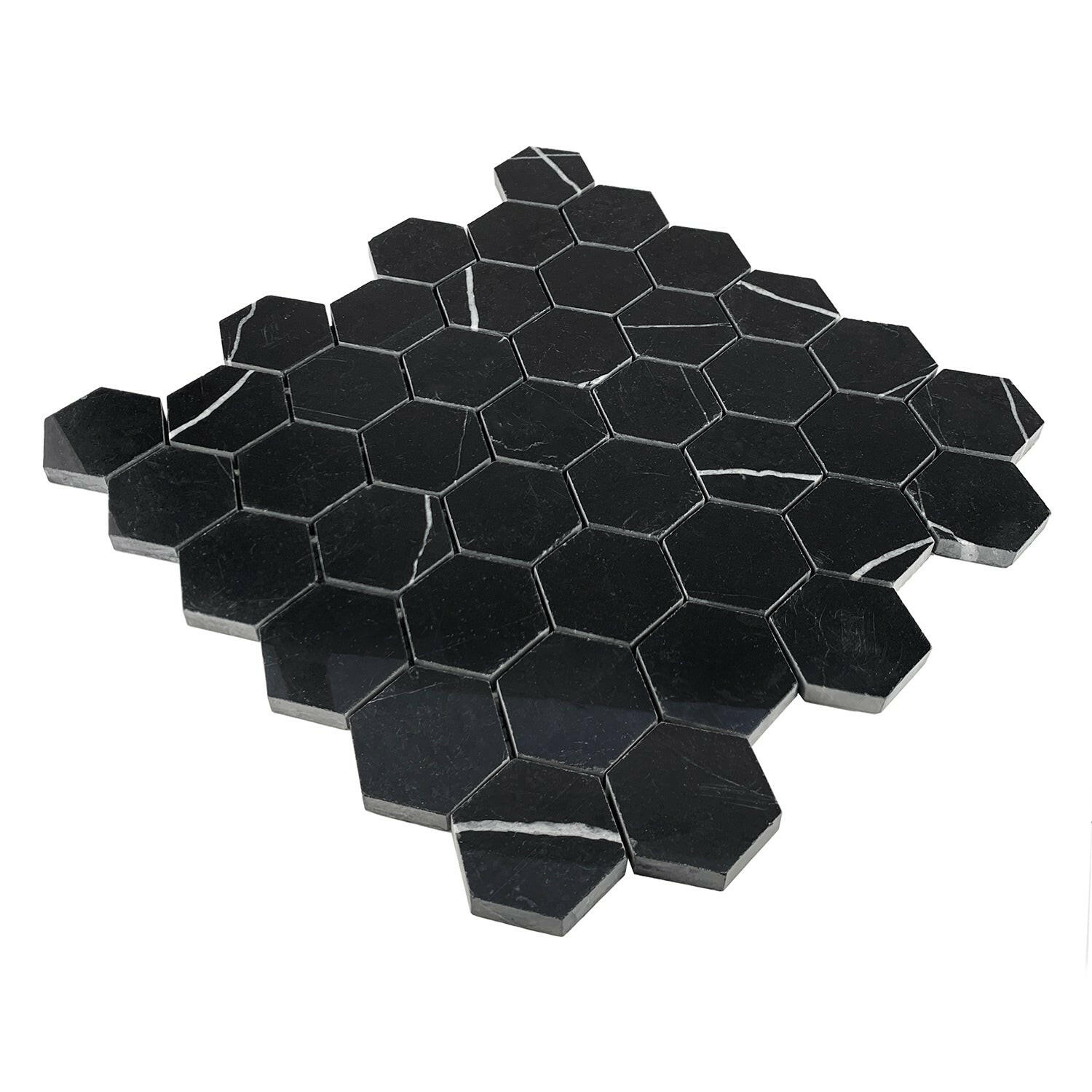 Black Marquina Marble Polished 2" Hexagon Mosaic Tile-Marble Mosaic-American Tile Depot