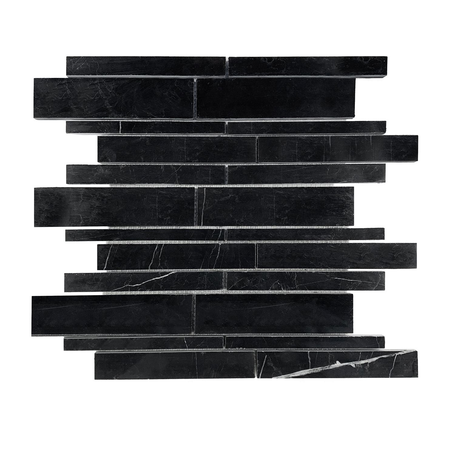 Black Marquina Marble Polished Random Strip Mosaic Tile-Marble Mosaic-American Tile Depot