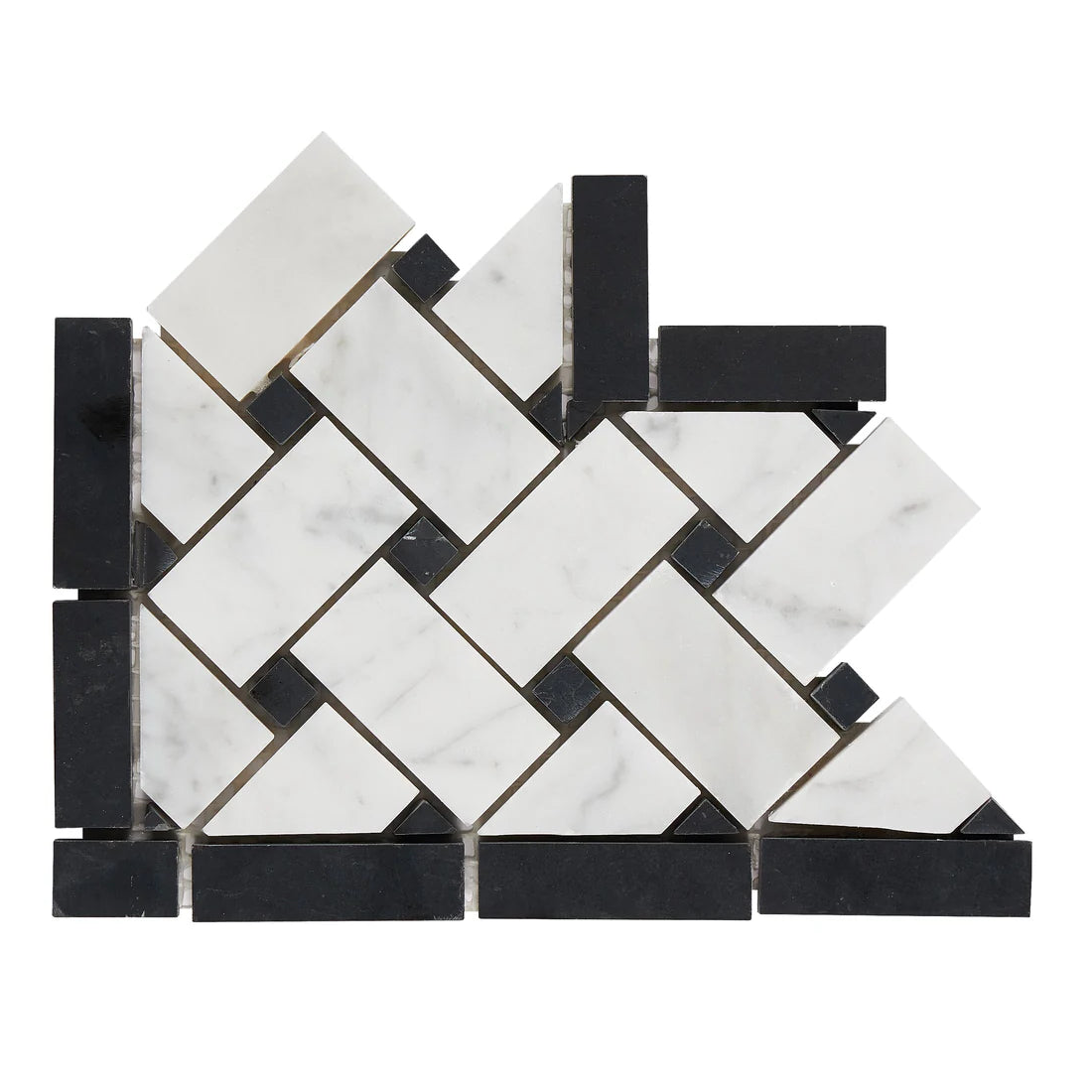 Carrara White Marble Polished Basketweave Border Corner w / Black Dots