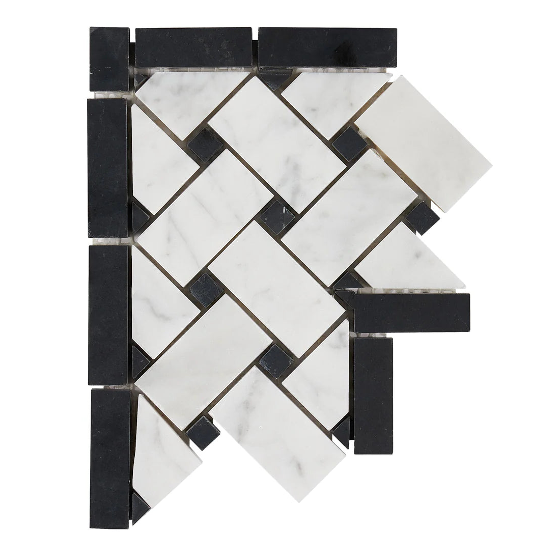 Carrara White Marble Polished Basketweave Border Corner w / Black Dots