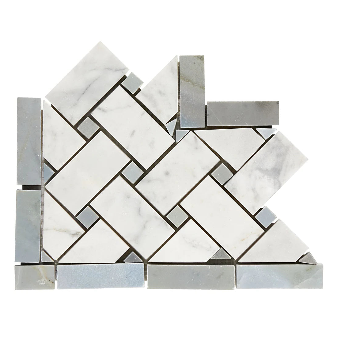 Carrara White Marble Honed Basketweave Border Corner w / Blue-Gray Dots