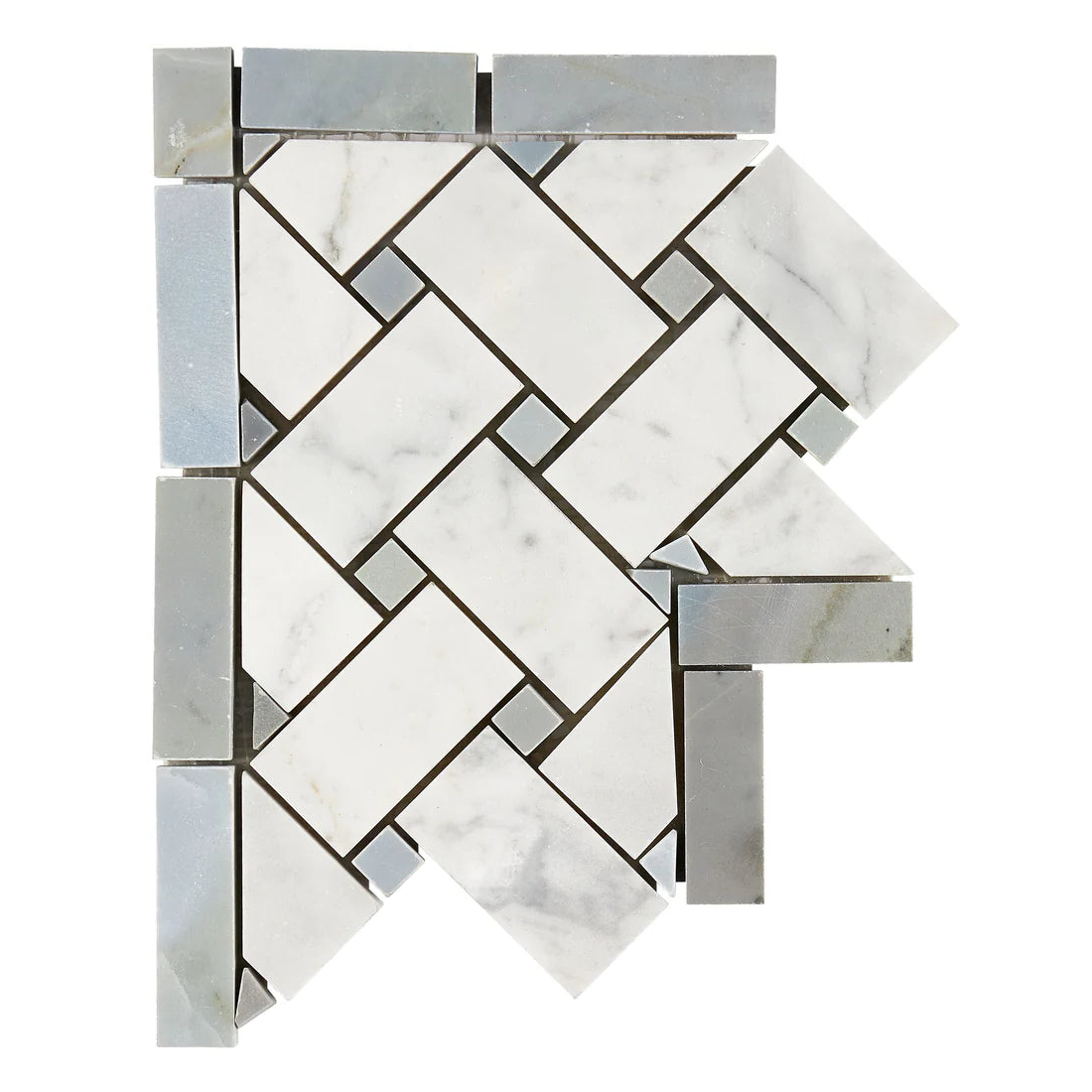 Carrara White Marble Honed Basketweave Border Corner w / Blue-Gray Dots