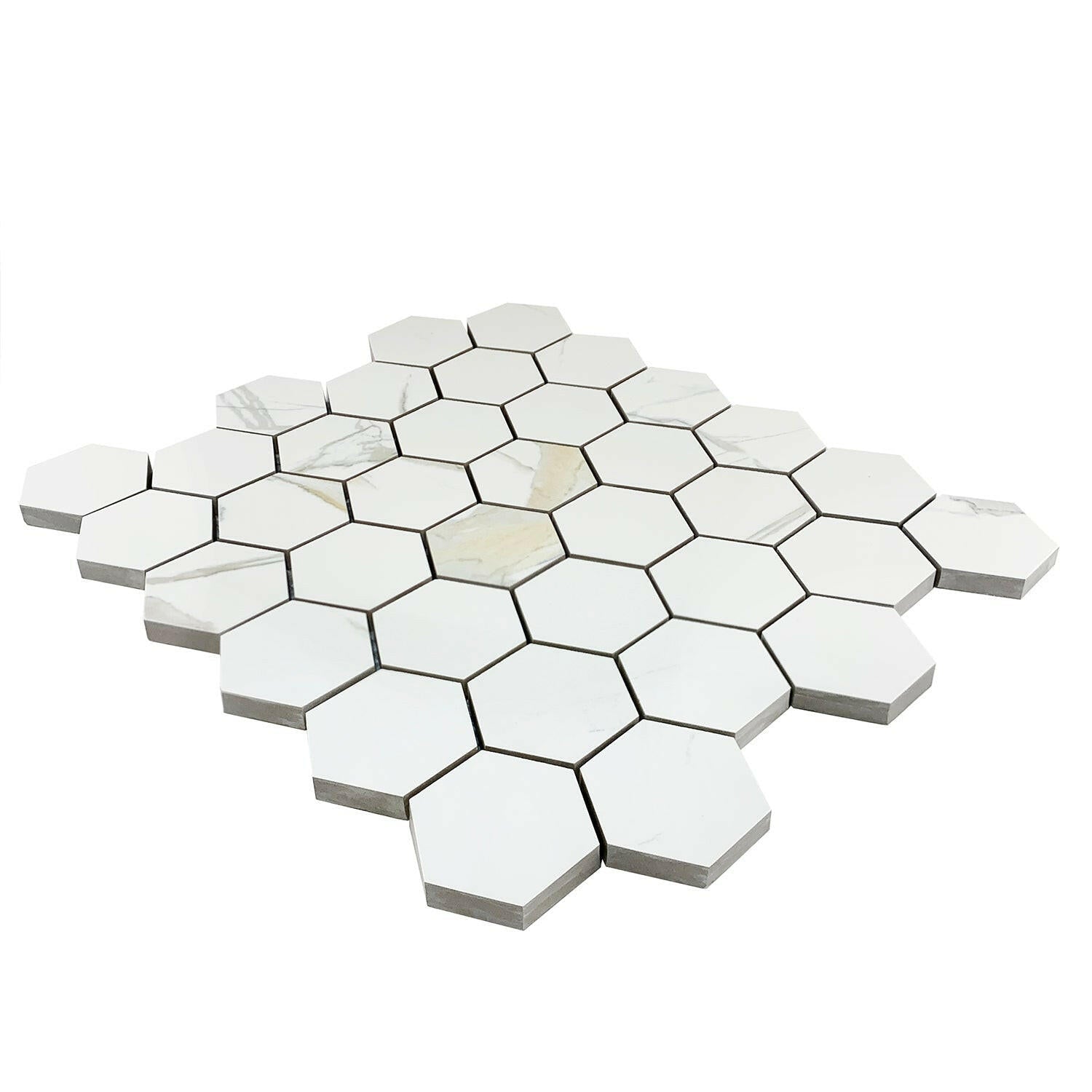 Calacatta Gold Glossy 2" Hexagon Marble Look Porcelain Mosaic Tile-Porcelain Mosaic-American Tile Depot