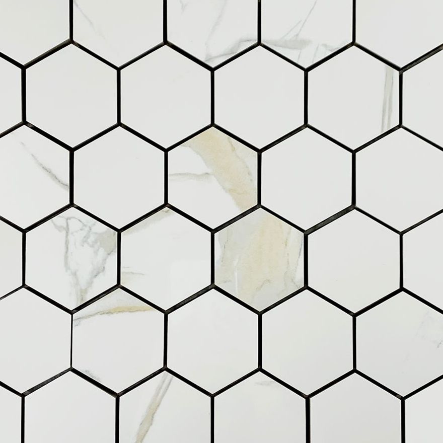 Calacatta Gold Glossy 2" Hexagon Marble Look Porcelain Mosaic Tile-Porcelain Mosaic-American Tile Depot