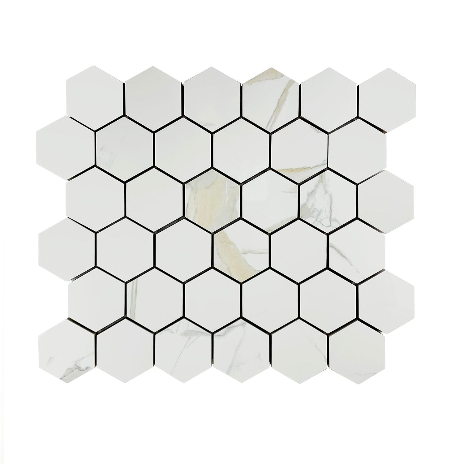 Calacatta Gold Glossy 2" Hexagon Marble Look Porcelain Mosaic Tile-Porcelain Mosaic-American Tile Depot