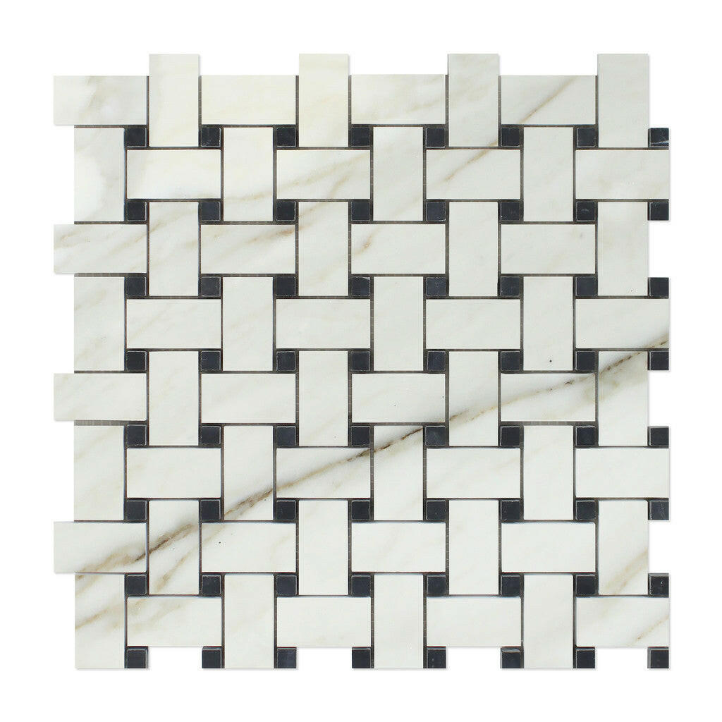 Calacatta Gold Marble Honed Basketweave Mosaic Tile w/ Black Dots-Marble Mosaic-American Tile Depot