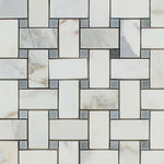 Calacatta Gold Marble Honed Basketweave Mosaic Tile w/ Blue-Gray Dots-Marble Mosaic-American Tile Depot