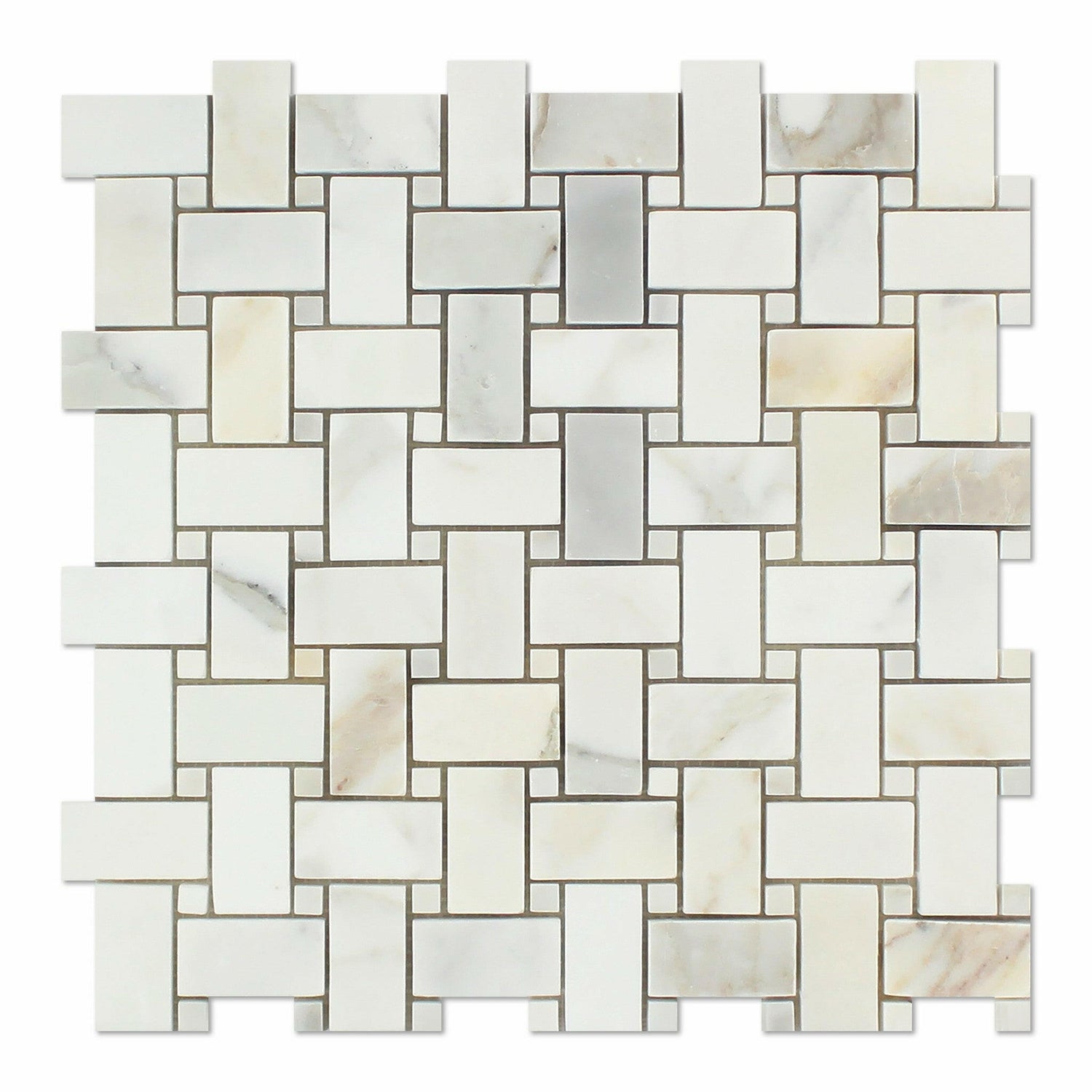 Calacatta Gold Marble Honed Basketweave Mosaic Tile w/ Calacatta Gold Dots-Marble Mosaic-American Tile Depot