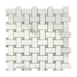 Calacatta Gold Marble Honed Basketweave Mosaic Tile w/ Ming-Green Dots-Marble Mosaic-American Tile Depot