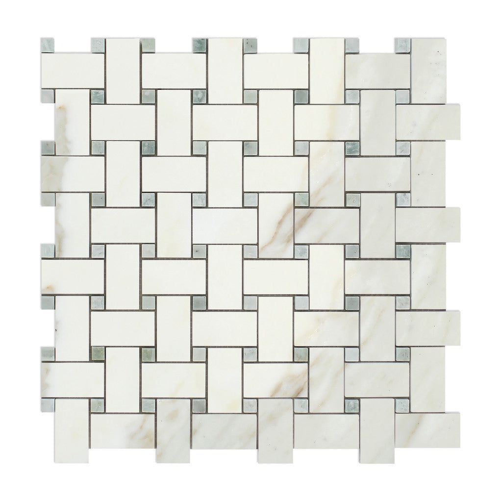 Calacatta Gold Marble Honed Basketweave Mosaic Tile w/ Ming-Green Dots-Marble Mosaic-American Tile Depot