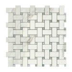 Calacatta Gold Marble Honed Basketweave Mosaic Tile w/ Ming-Green Dots-Marble Mosaic-American Tile Depot