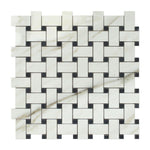 Calacatta Gold Marble Polished Basketweave Mosaic Tile w/ Black Dots-Marble Mosaic-American Tile Depot