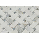 Calacatta Gold Marble Polished Basketweave Mosaic Tile w/ Blue-Gray Dots-Marble Mosaic-American Tile Depot