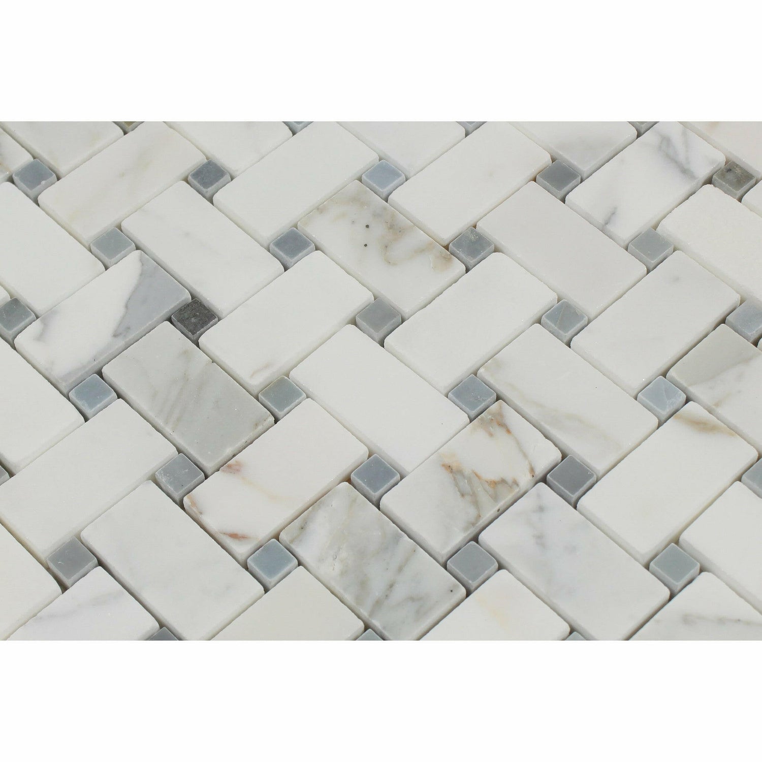 Calacatta Gold Marble Polished Basketweave Mosaic Tile w/ Blue-Gray Dots-Marble Mosaic-American Tile Depot